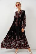 2423 Otantik Desenli Tesettür Elbise - Siyah - Bordo resmi